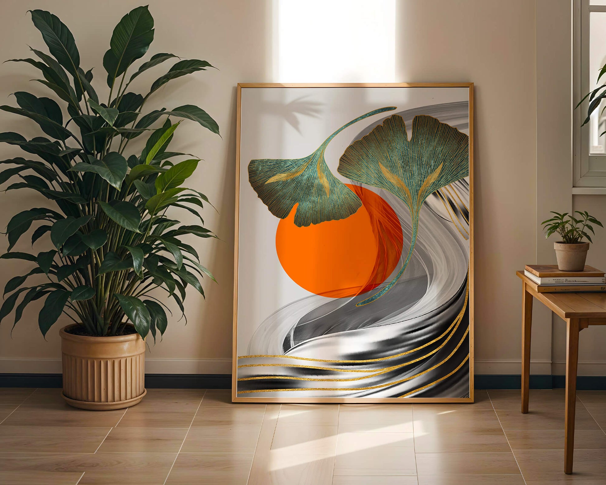 Hojas de Ginkgo abstractas con círculo naranja y ondas plateadas