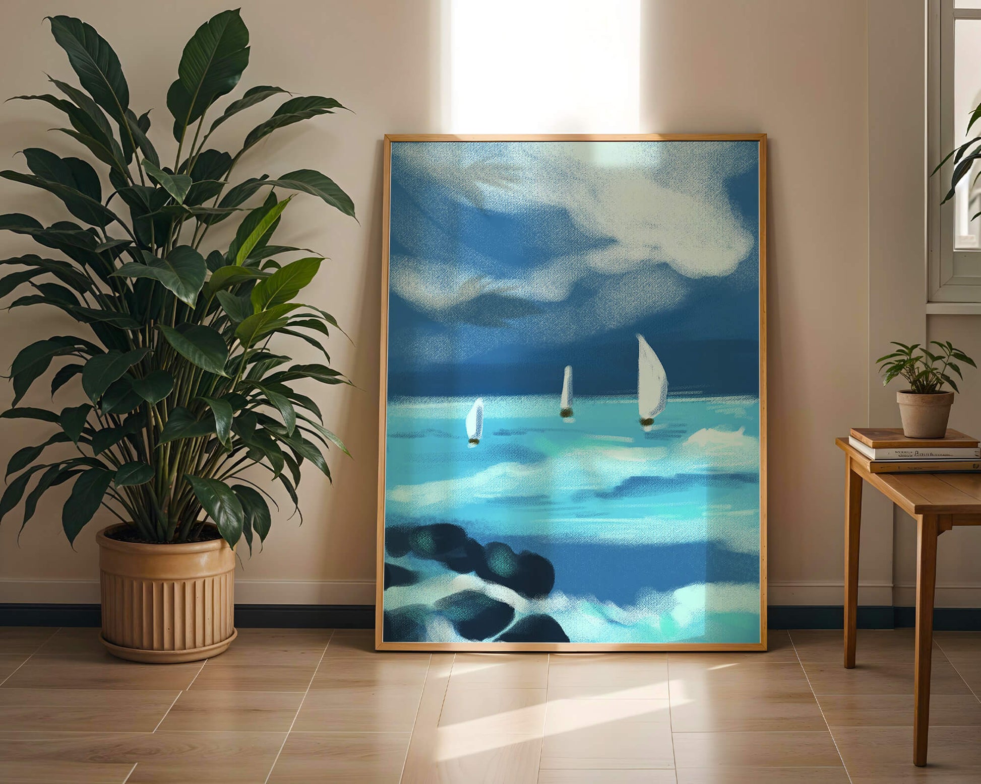 Seascape with sailboats navigating blue waves under a dramatic sky