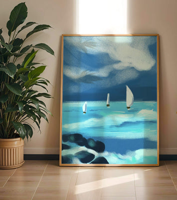 Seascape with sailboats navigating blue waves under a dramatic sky