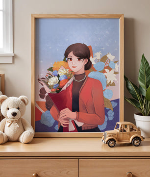 Mujer sosteniendo ramo con fondo floral