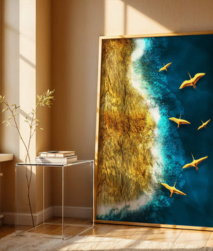 Golden beach landscape with vibrant ocean and flying seabirds