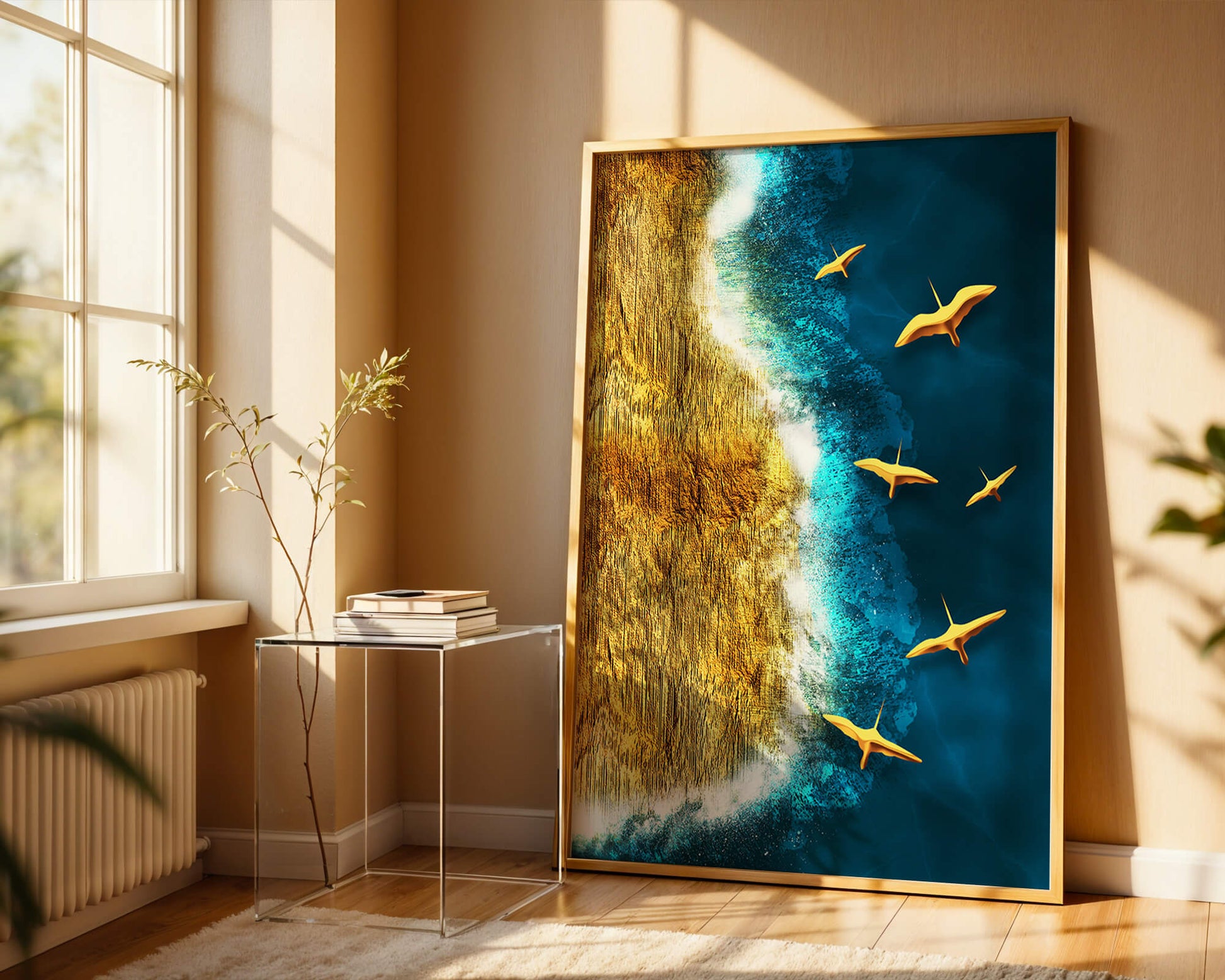 Golden beach landscape with vibrant ocean and flying seabirds