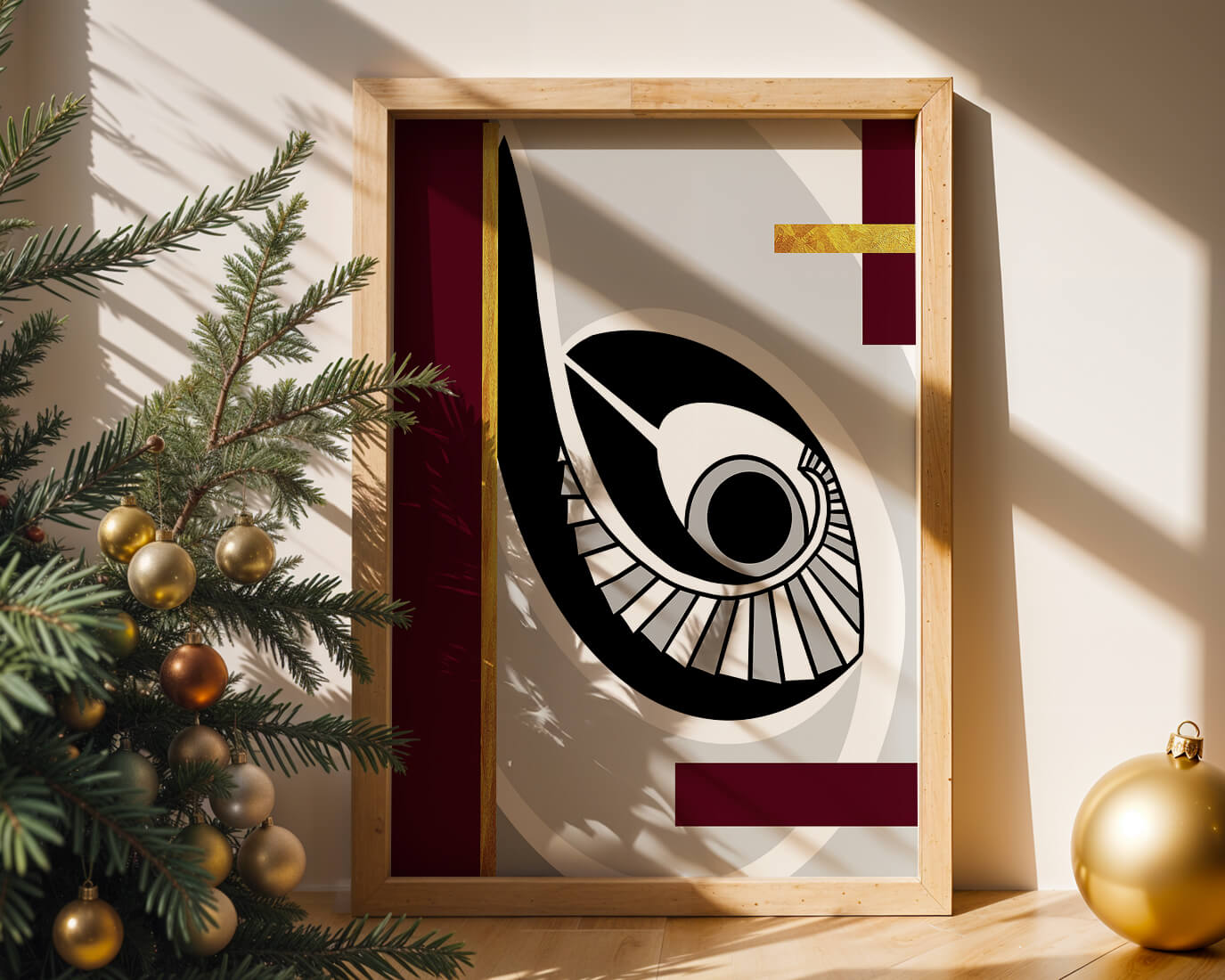 Arte geométrico abstracto con motivo de ojo y detalles dorados