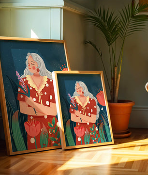 Serene illustration of a woman with flowers under a starry night sky