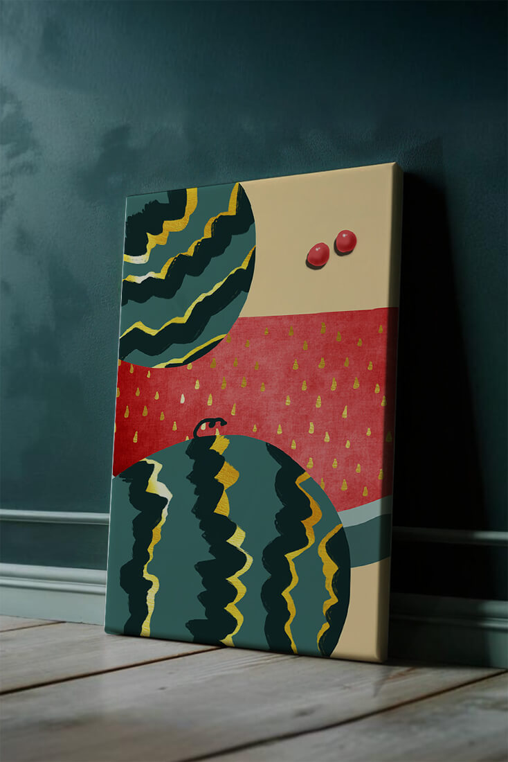 Arte abstracto vibrante de sandía con reflejos dorados