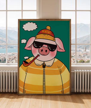 Cerdo elegante con gafas de sol y pipa contra un cielo turquesa