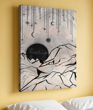 Abstract celestial landscape with mountains and stars