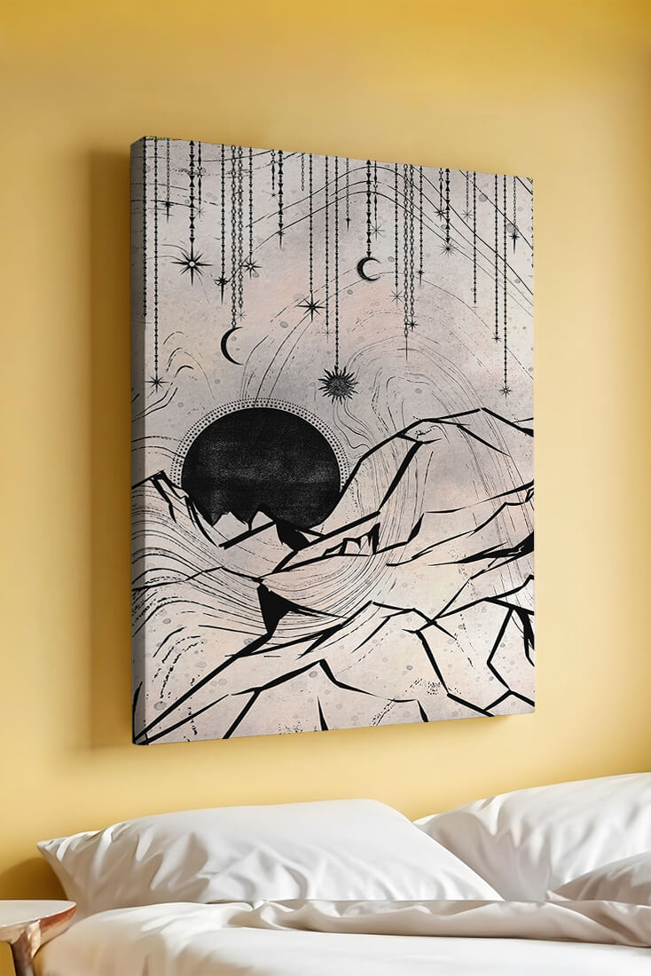 Abstract celestial landscape with mountains and stars