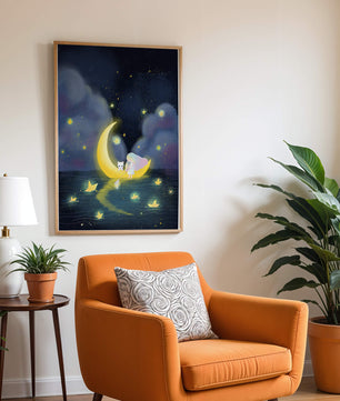 Whimsical night scene with child and cat on crescent moon
