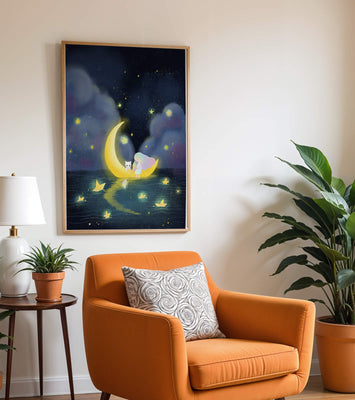 Whimsical night scene with child and cat on crescent moon