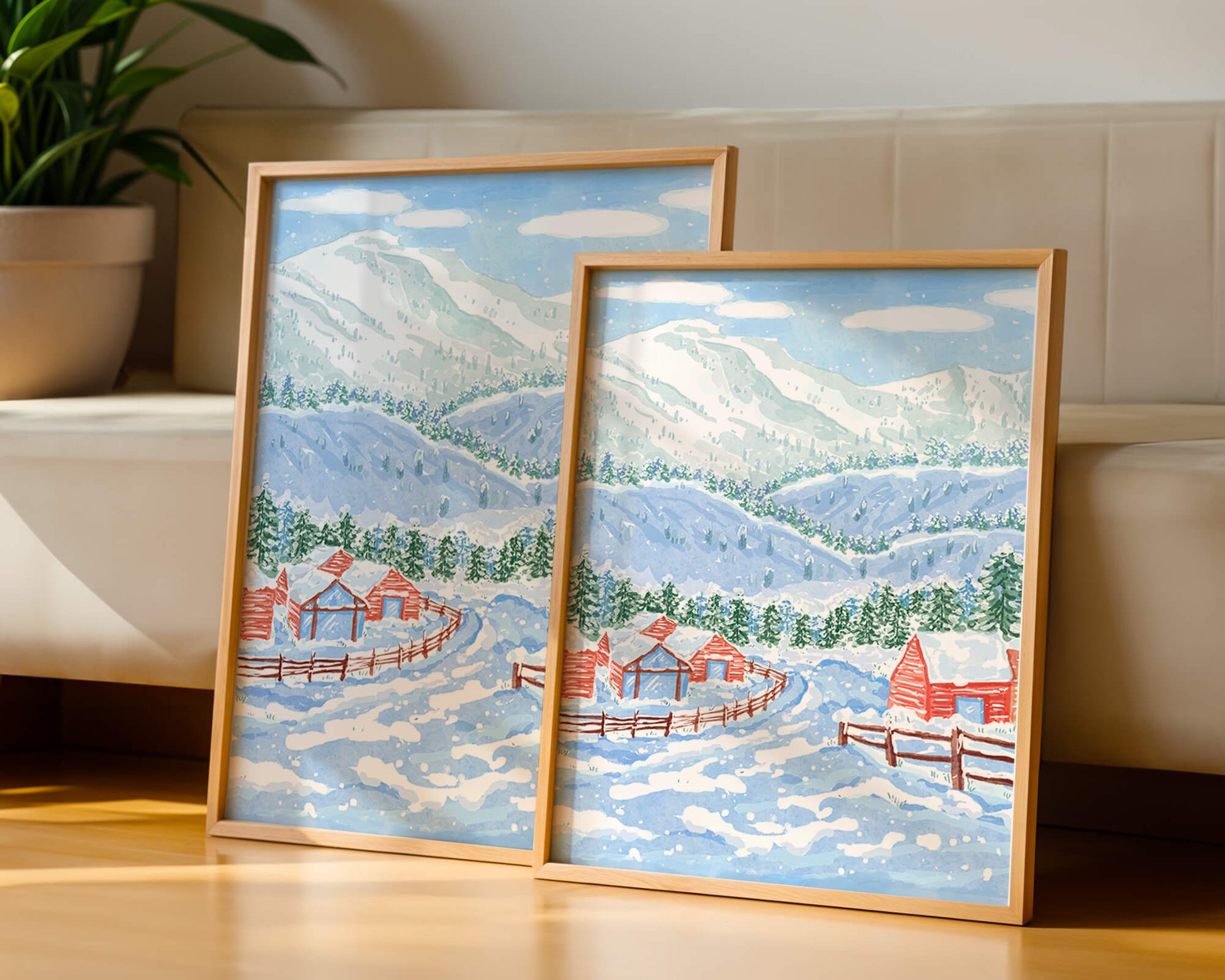 Charming snowy landscape with mountain view and cozy cabins
