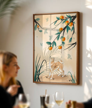 Illustration of a dog gazing at fruit-laden tree branches in nature