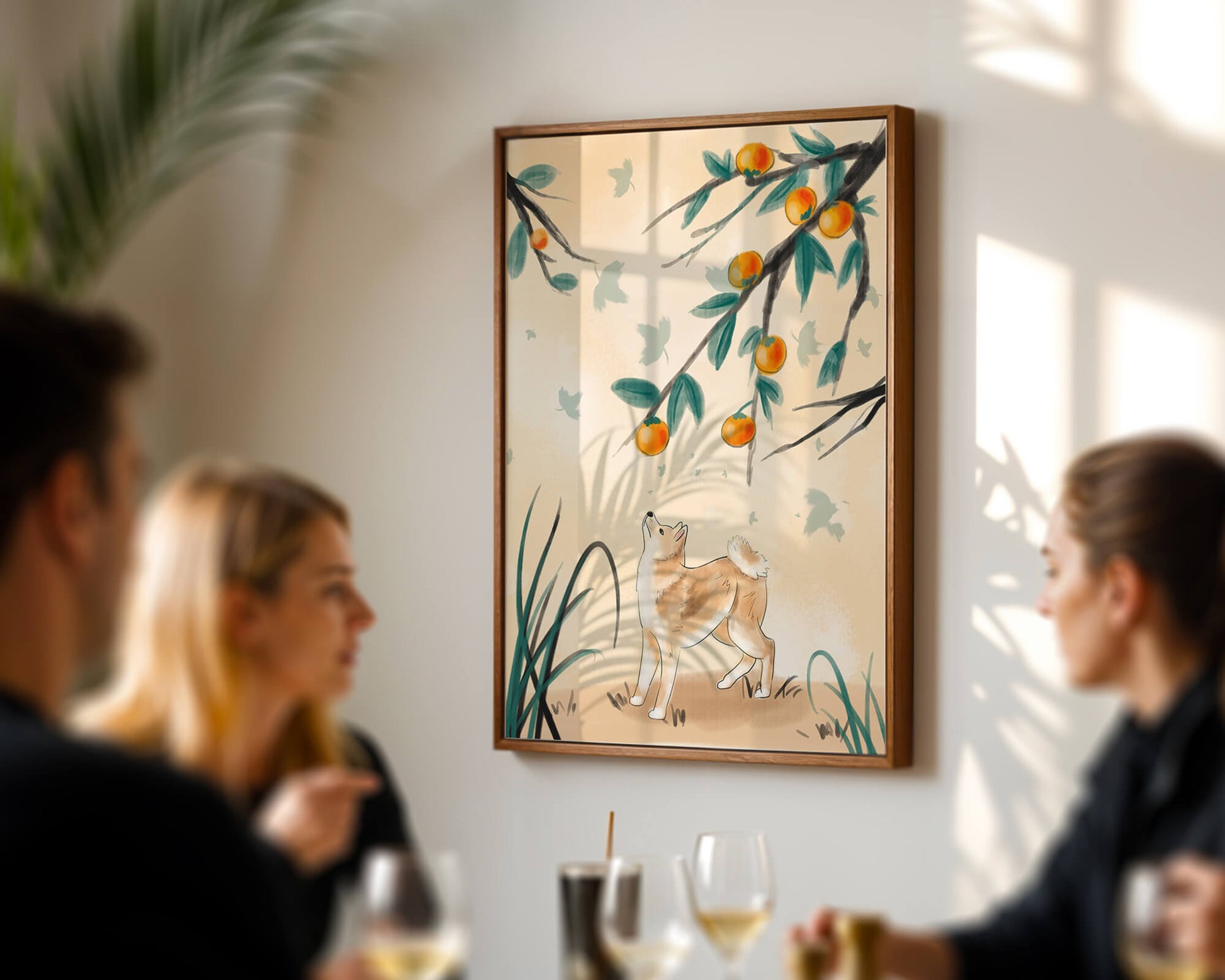 Illustration of a dog gazing at fruit-laden tree branches in nature