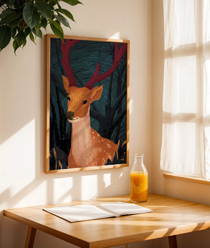 Ilustración majestuosa de un ciervo en un bosque místico
