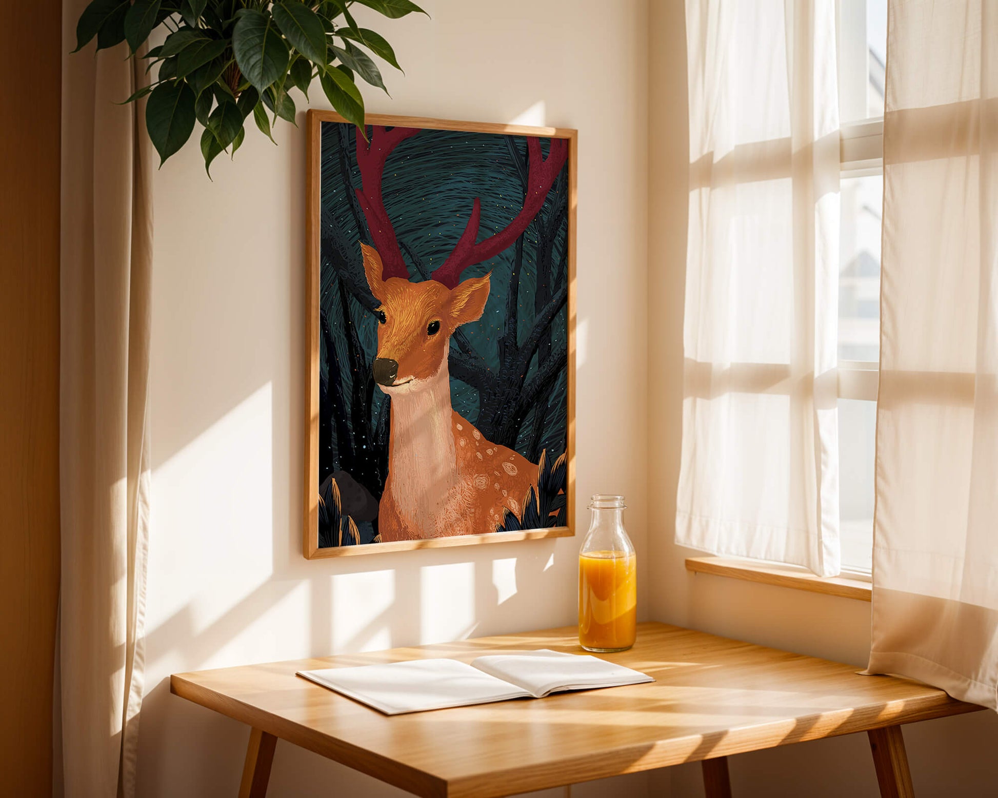 Ilustración de un majestuoso ciervo en un bosque místico