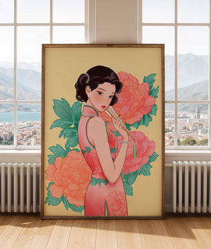 Elegant woman in traditional dress with floral background