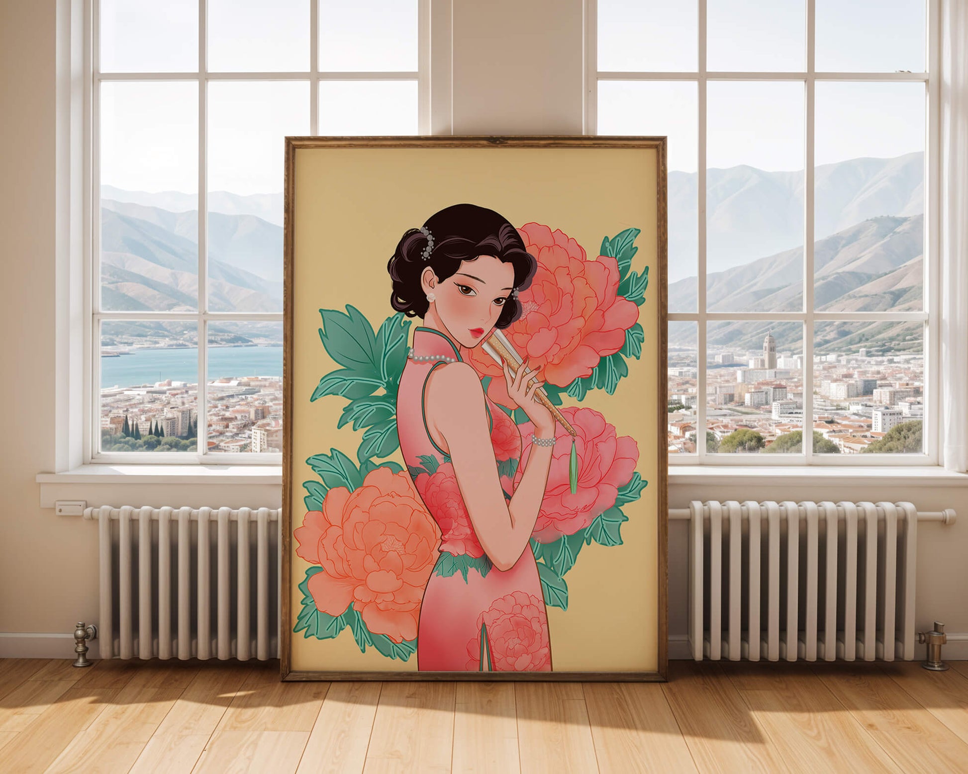 Elegant woman in traditional dress with floral background