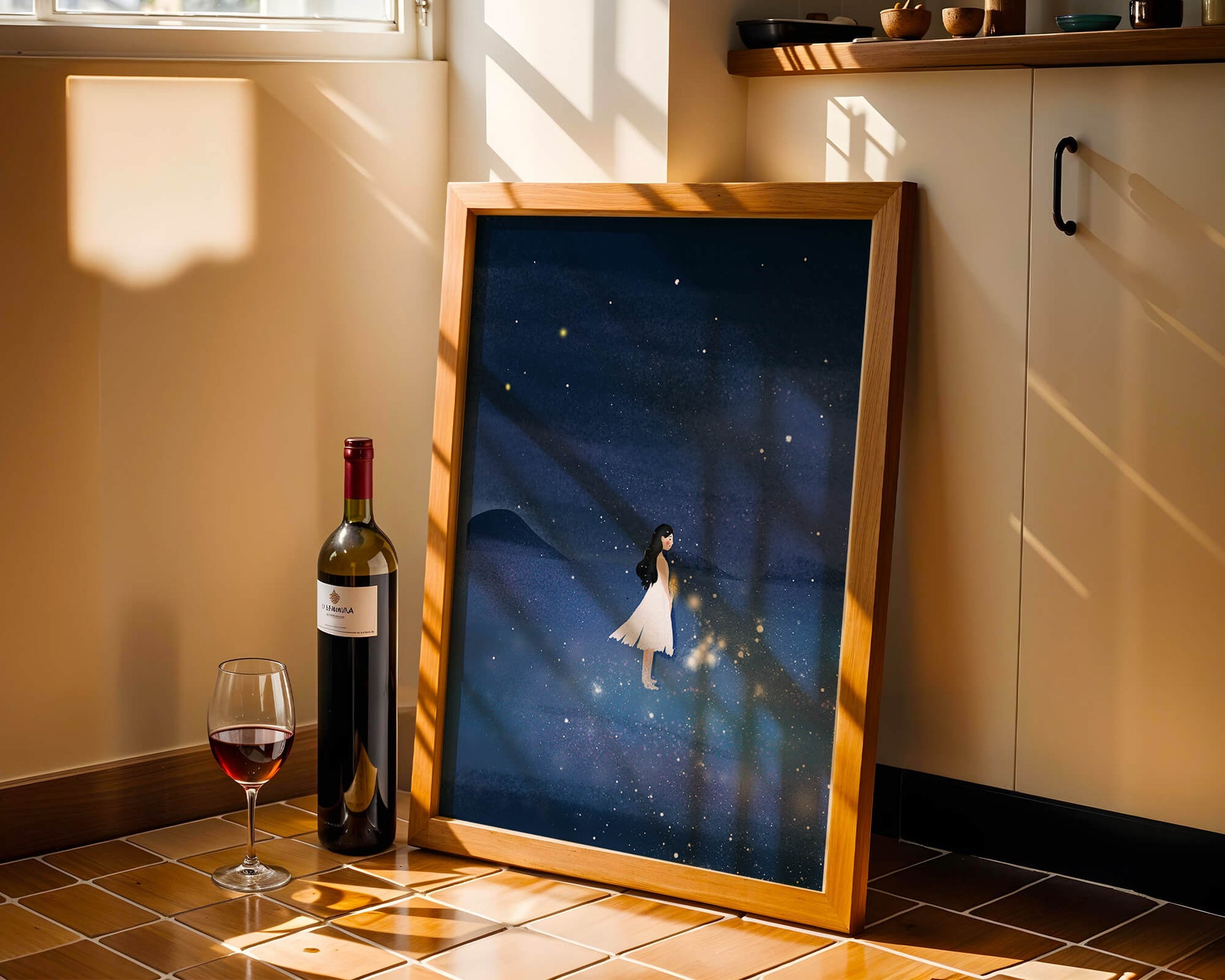 Girl in White Dress Gazing at Starry Night Sky