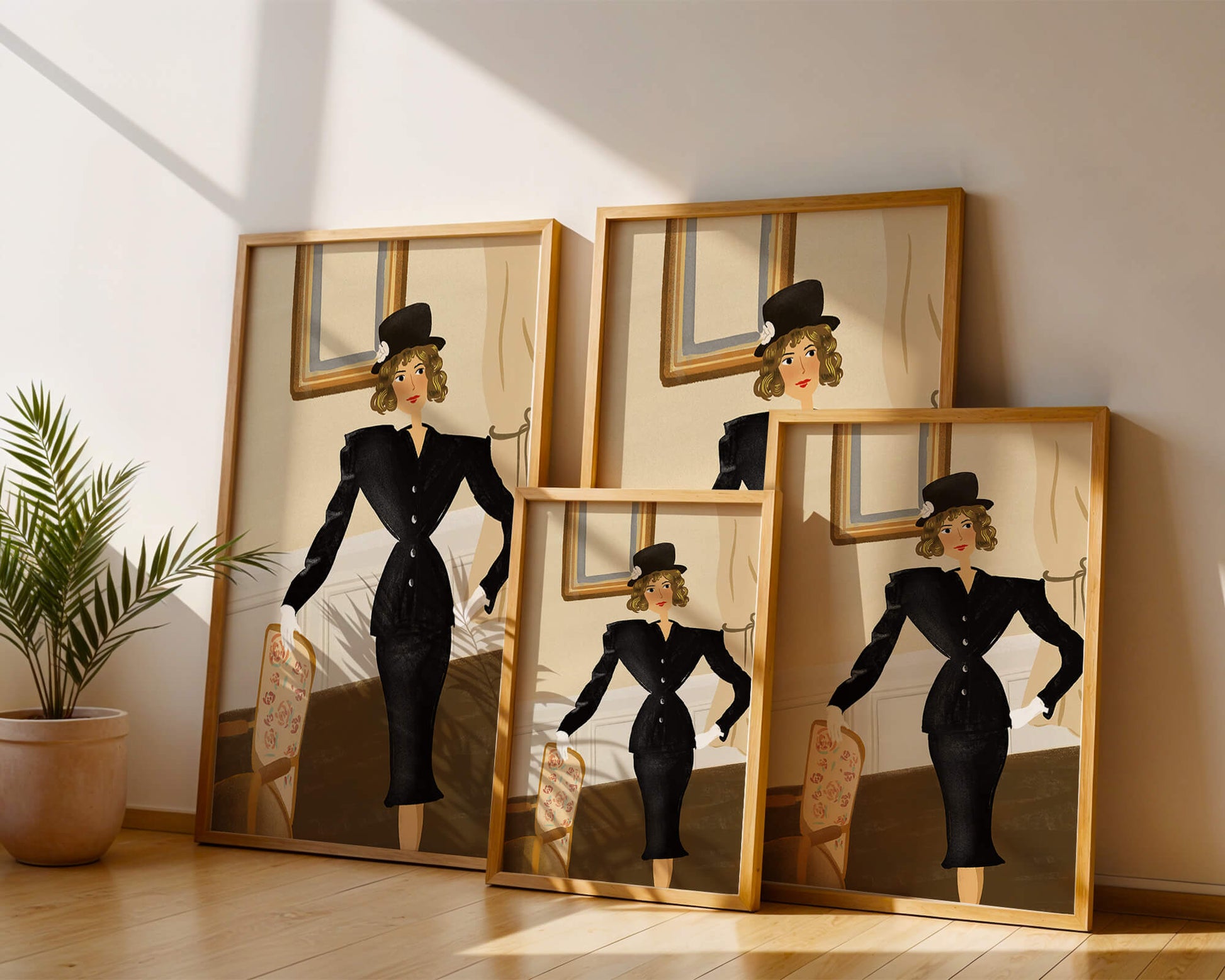 Mujer elegante en moda vintage con traje negro y sombrero