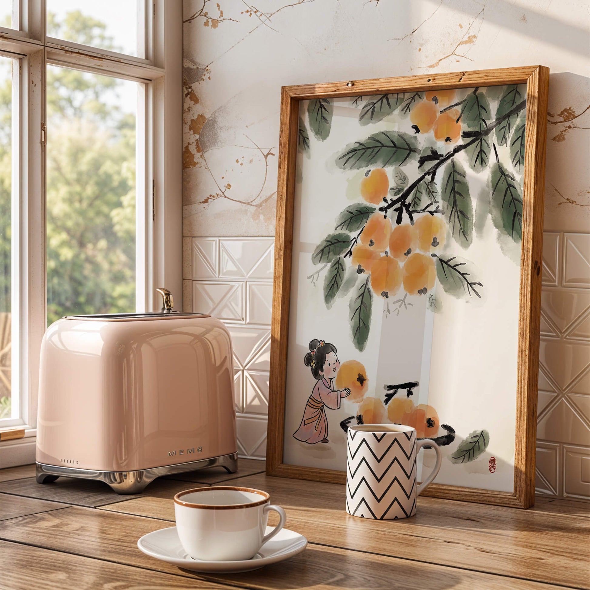 Arte japonés con una niña recogiendo caquis bajo un árbol