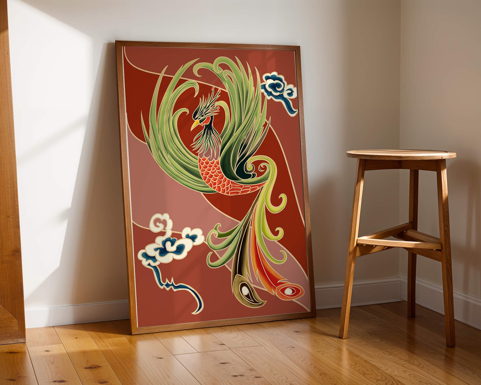 Stylized phoenix illustration with vibrant colors and clouds
