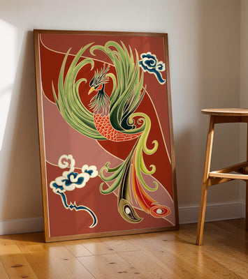 Stylized phoenix illustration with vibrant colors and clouds