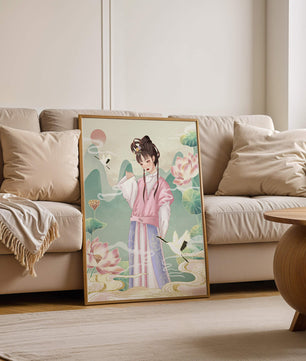 Femme élégante en tenue traditionnelle avec lotus en fleurs et grues