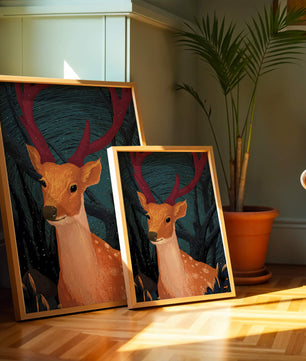 Ilustración majestuosa de un ciervo en un bosque místico