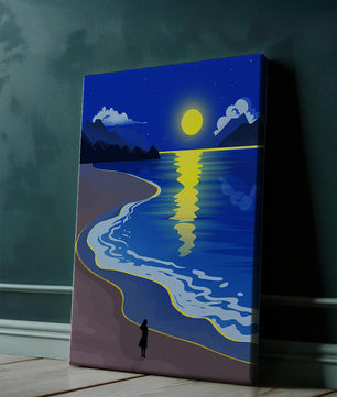 Plage au clair de lune avec montagnes et reflets sous le ciel nocturne