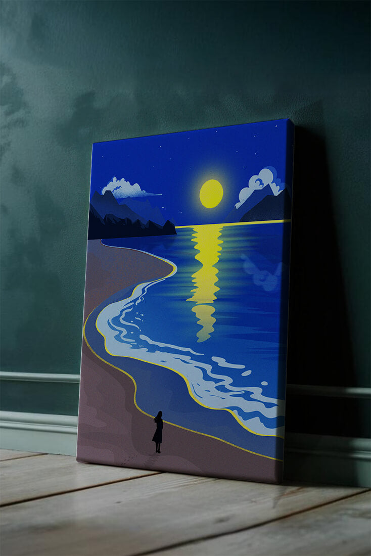 Moonlit Beach with Mountains and Reflections Under Night Sky