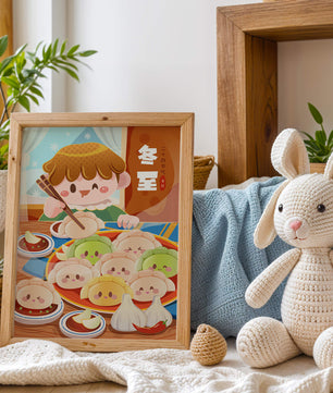 Festive cartoon illustration of a child enjoying dumplings during winter solstice