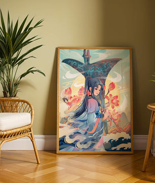 Art fantastique élégant : femme en tenue traditionnelle avec fond floral