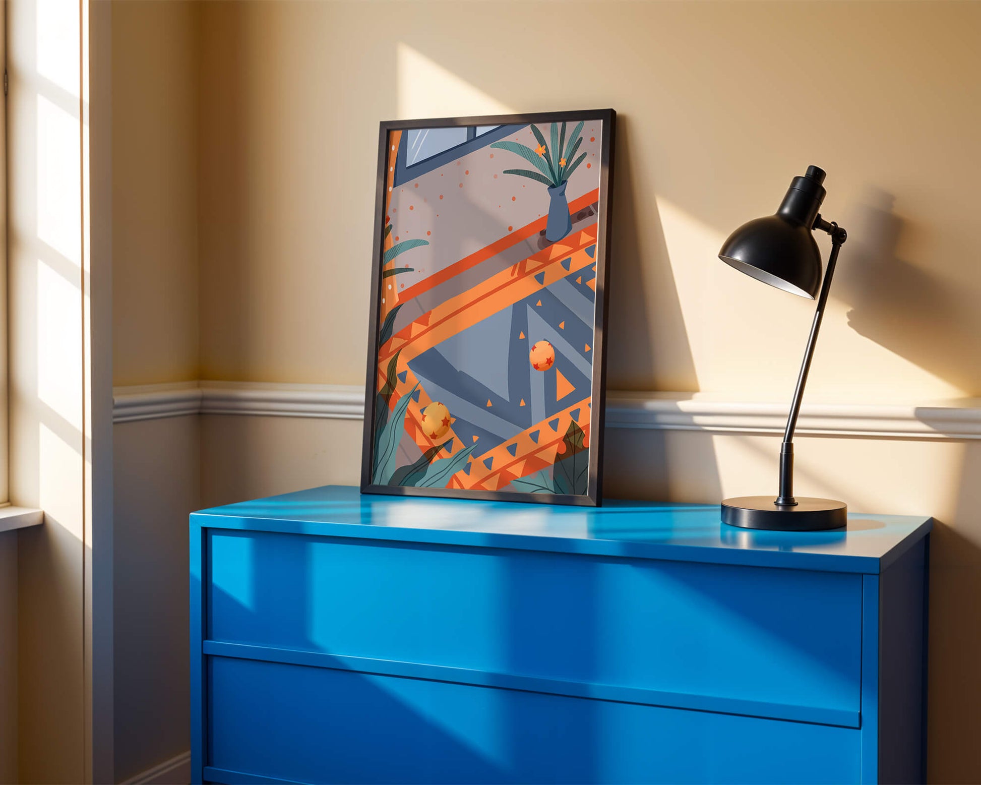 Interior abstracto moderno con patrones geométricos y planta