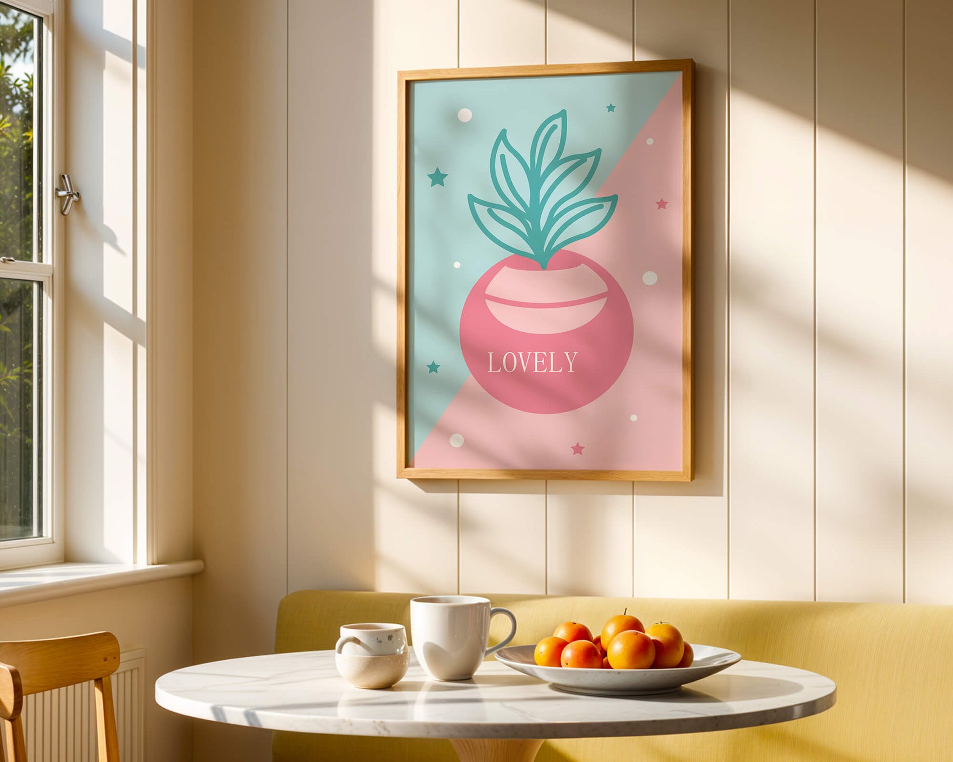 Playful pastel illustration with plant motif and stars
