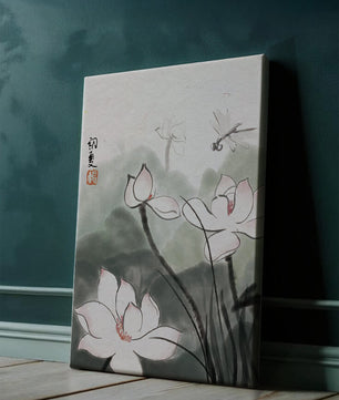 Delicate watercolor of lotus flowers with dragonfly in serene atmosphere