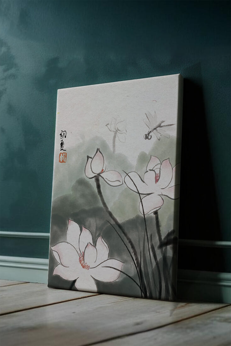 Delicate watercolor of lotus flowers with dragonfly in serene atmosphere