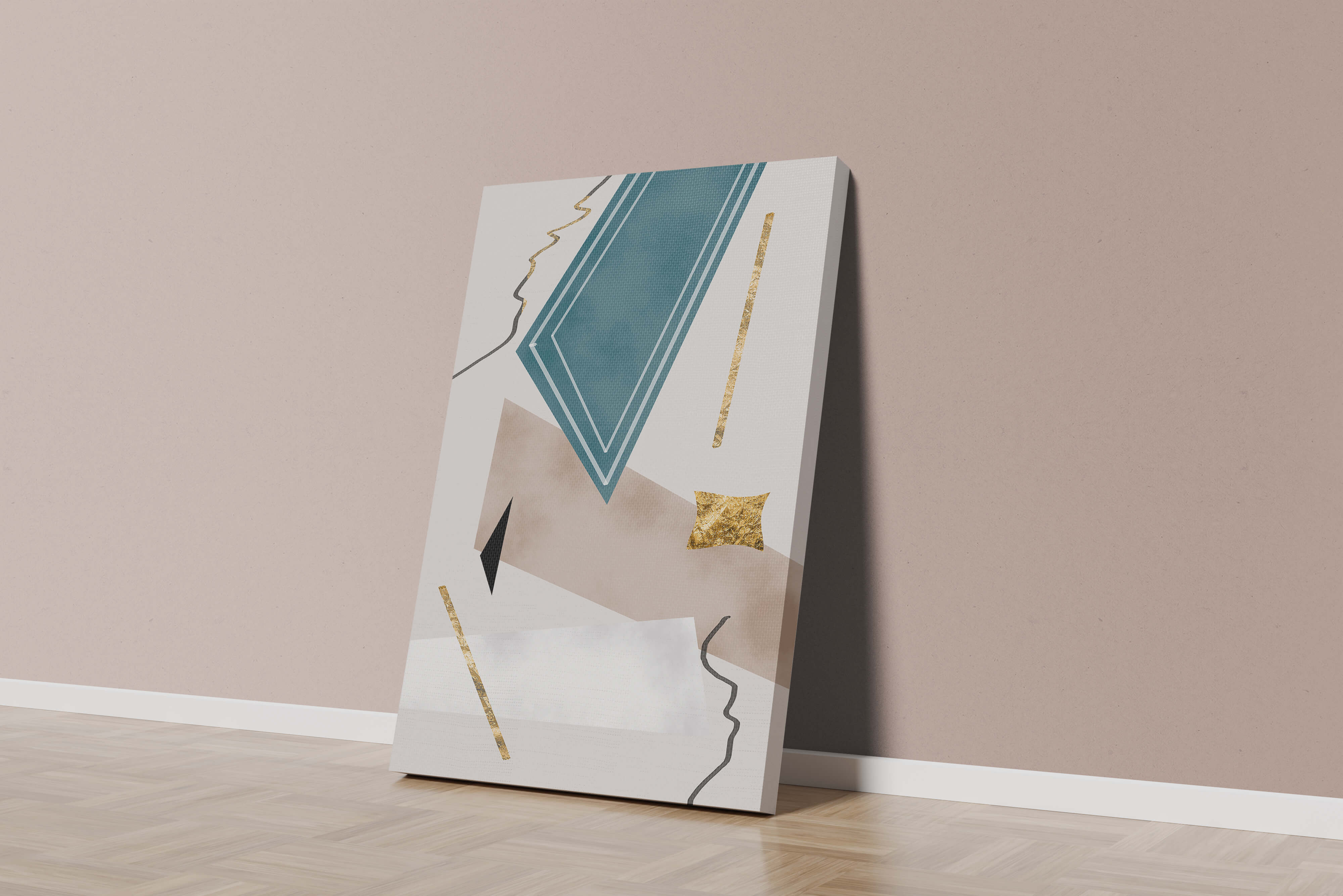 Abstract geometric artwork with gold accents and dynamic shapes