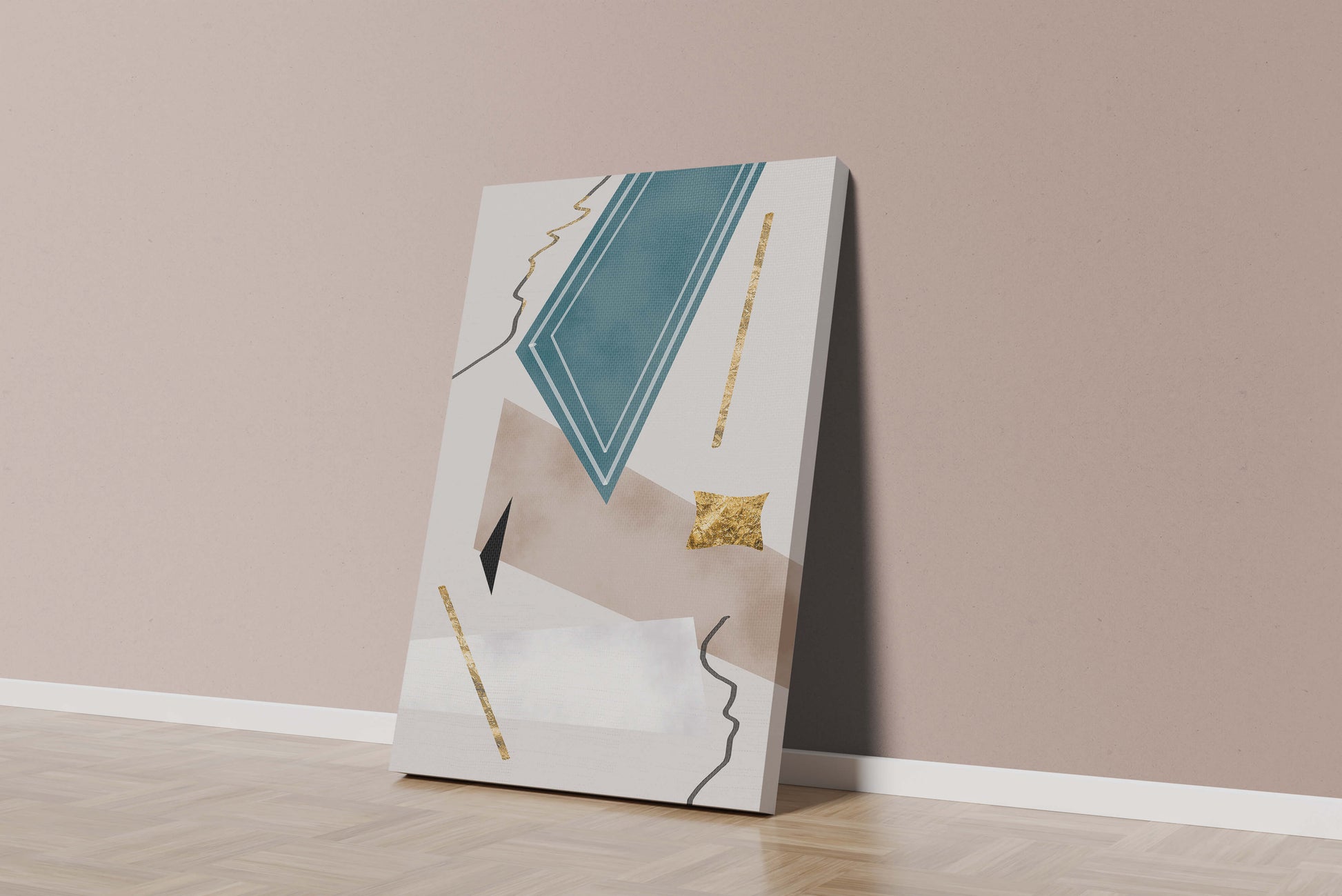 Abstract geometric artwork with gold accents and dynamic shapes