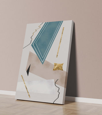 Abstract geometric artwork with gold accents and dynamic shapes
