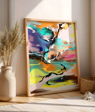 Pintura abstracta colorida con líneas vibrantes y dinámicas