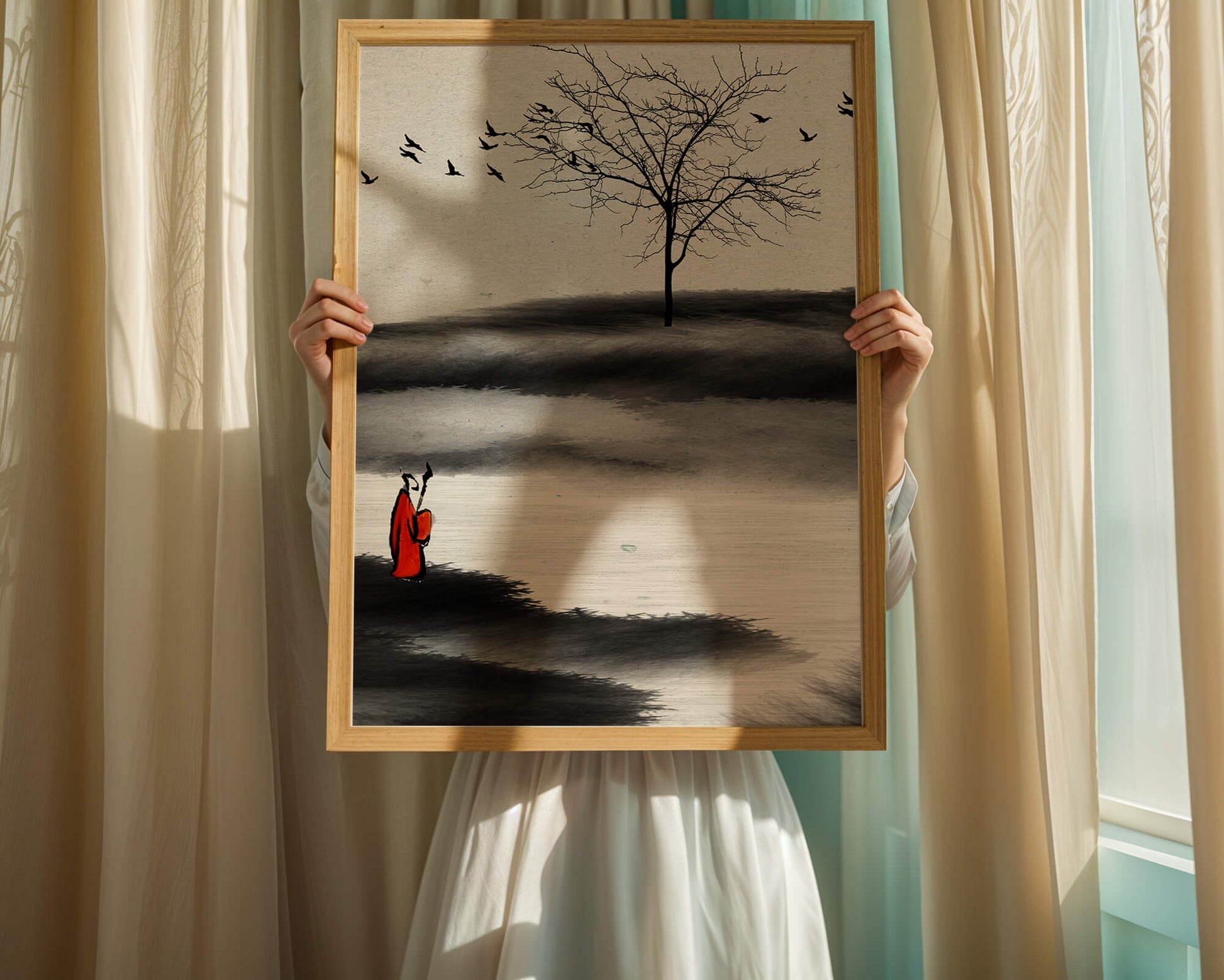 Contemplative Monk with Birds and Bare Tree in Serene Landscape