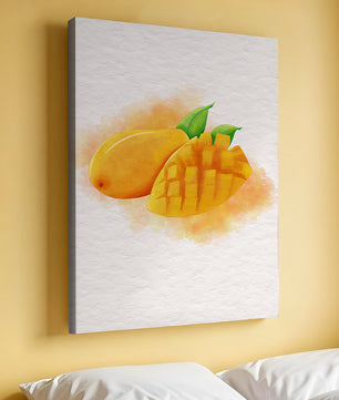 Watercolor depiction of a ripe mango with leaves on textured background