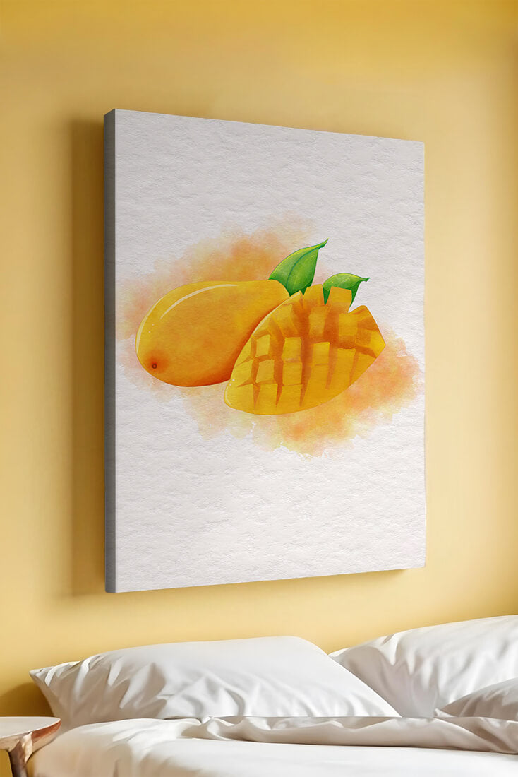 Watercolor depiction of a ripe mango with leaves on textured background