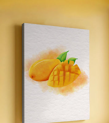 Watercolor depiction of a ripe mango with leaves on textured background