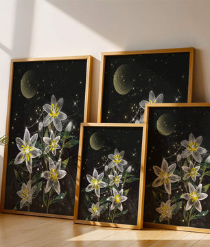 Luminous Night Flowers Under a Starry Sky with Golden Moon - Mi tienda