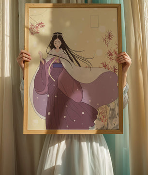 Elegant Woman in Traditional Garment with Snowflakes and Branches