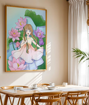 Illustration fantaisiste d'une jeune fille aux cheveux tressés parmi des fleurs de lotus