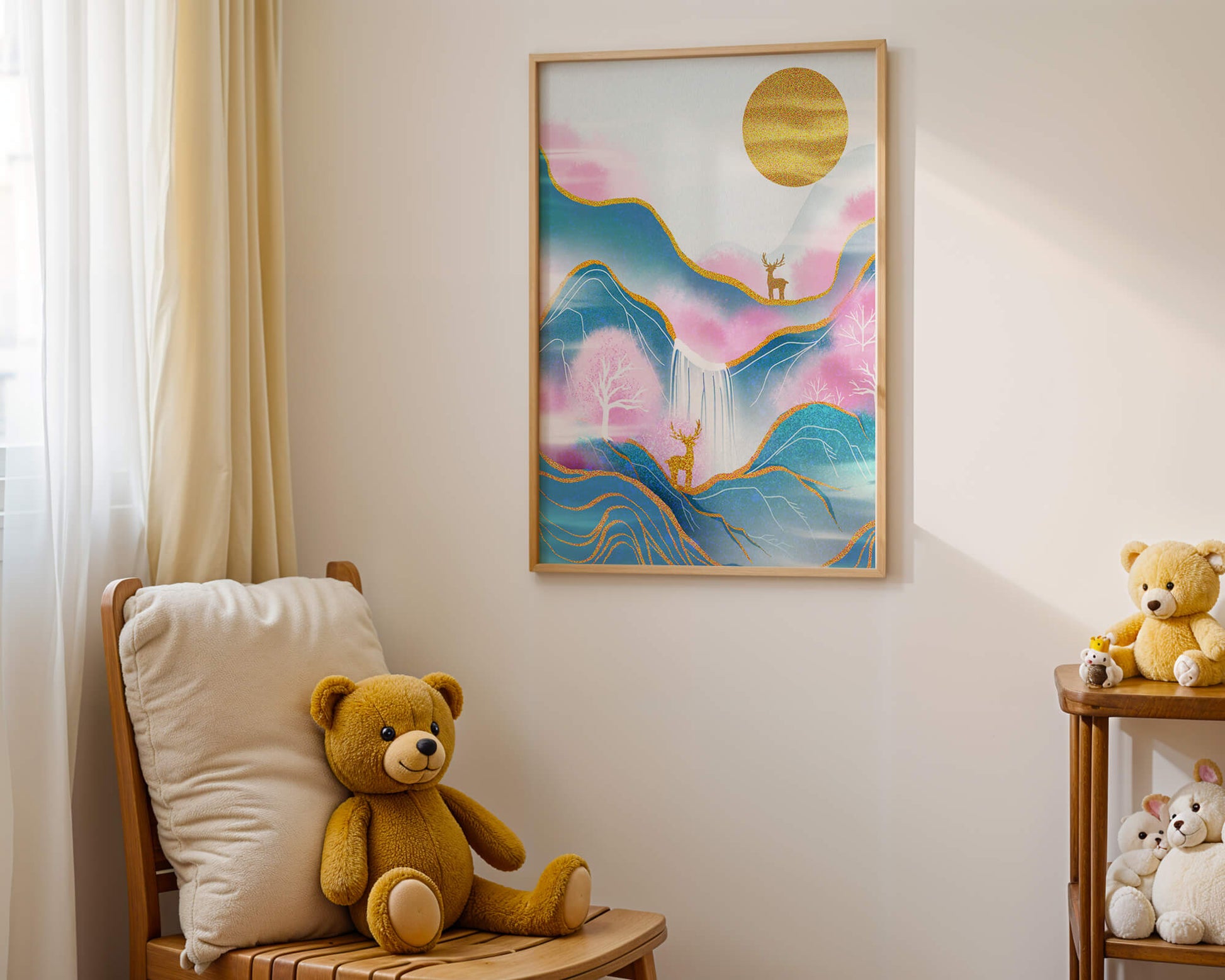 Golden deer in a pastel mountain landscape with pink skies