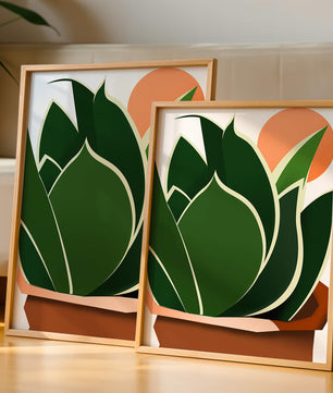 Ilustración contemporánea de una planta serpiente con fondo de amanecer