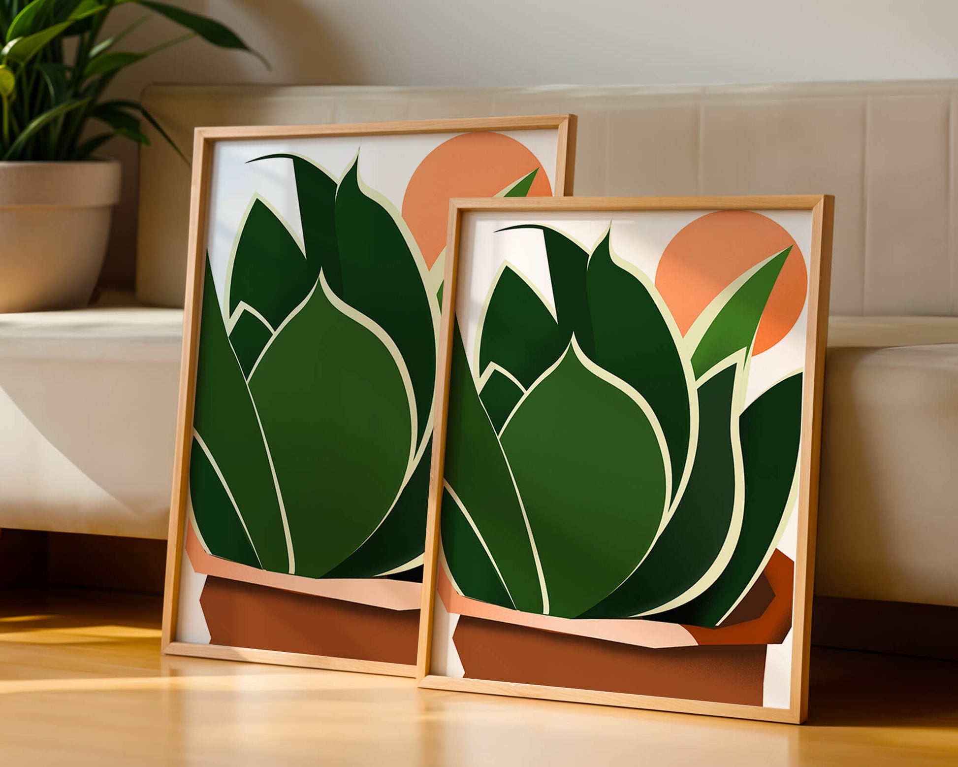 Ilustración contemporánea de una planta serpiente con fondo de amanecer